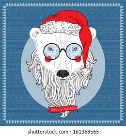 Hand Drawn Vector Illustration of Polar Bear Santa, Christmas Greeting Card Design