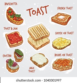 Hand drawn vector illustration of popular toast dishes.