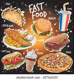 Hand drawn vector illustration of popular Fast Food varieties including Taco, Fish and Chips, Burger, Flat Bread Doner Kebab, Supreme Pizza, Ice Cream and a Soda Drink.