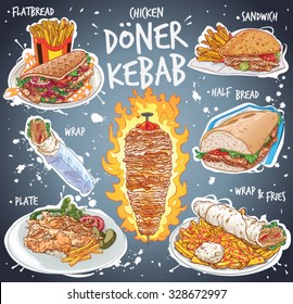 Hand drawn vector illustration of popular chicken doner kebab variations, flat bread, sandwich, half a bread, wrap, on plate with rice, green pepper, lettuce leafs, tomatoes and lots of french fries.