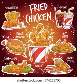 Hand drawn vector illustration of popular Fried Chicken varieties. Hot Wings, Drumsticks, Combo Meal, Crispy Strips, Bucket, Fillet Sandwich with drinks, dips, french fries and lettuce.