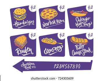 Hand drawn vector illustration popular American Food varieties Corn Dog, Chicago Hot Dog, Hamburger, Philadelphia Cheese Steak, Reuben Sandwich, Mac and Cheese, New York Pizza.