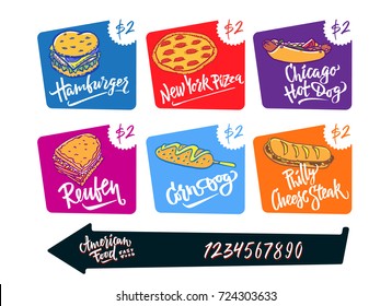 Hand drawn vector illustration popular American Food varieties Corn Dog, Chicago Hot Dog, Hamburger, Philadelphia Cheese Steak, Reuben Sandwich, Mac and Cheese, New York Pizza.