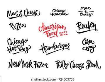 Hand drawn vector illustration popular American Food varieties Corn Dog, Chicago Hot Dog, Hamburger, Philadelphia Cheese Steak, Reuben Sandwich, Mac and Cheese, New York Pizza.