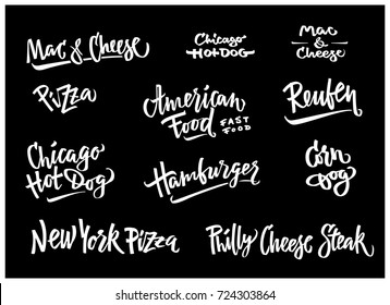 Hand drawn vector illustration popular American Food varieties Corn Dog, Chicago Hot Dog, Hamburger, Philadelphia Cheese Steak, Reuben Sandwich, Mac and Cheese, New York Pizza.