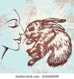 Hand drawn vector illustration. Portrait of a girl with a little fluffy bunny on a grunge background. Comic style
