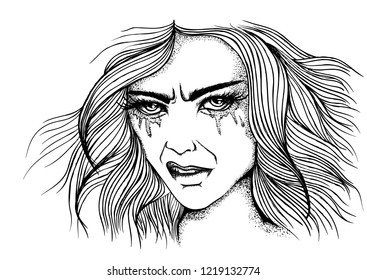 Hand drawn vector illustration. Portrait of a young angry girl isolated on white background. Comic style