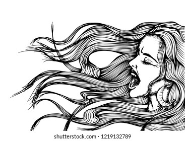 Hand drawn vector illustration. Portrait of a young screaming woman with flying long hair isolated on white background. Comic style