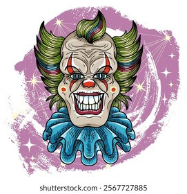 Hand drawn vector illustration with portrait of crazy, scary clown with painted face, red lips, funny hair for mascot, t-shirt, sticker, clipart against purple textured background. 