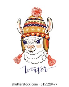 Hand drawn vector illustration with portrait of the alpaca in a knitted ornamental cap. Print for t-shirt design or greeting card.