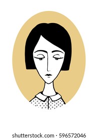 Hand drawn vector illustration of Portrait of a sad aristocratic lady. polka dot. Melancholic woman