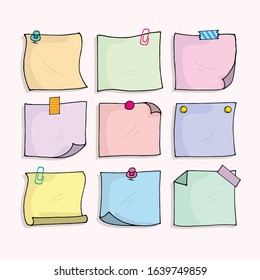 Hand drawn vector illustration of post it notes set on white background.