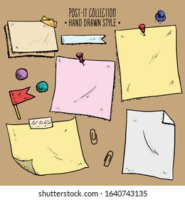 Hand drawn vector illustration of post it notes set. Color sheets of note paper with pin,clip,sticky tape