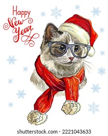 Hand drawn vector illustration poster cute cat in glasses and Christmas hat. Christmas concept. Happy New Year lettering. For print, design, fabric, porcelain, bed linen, decor, cards