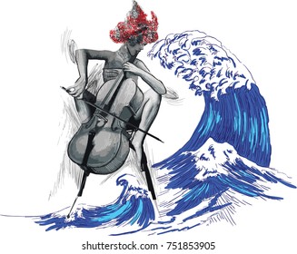 An hand drawn vector illustration. Poster of an musician. Contrabass player in action. Young woman. Picture is easy editable.