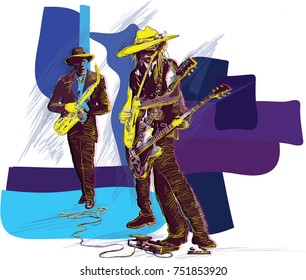 An hand drawn vector illustration. Poster of an musician. Guitar player, guitarist and Sax player, Guitarist in action - motion study of instrument. Jam Session on the Stage. Picture is editable.