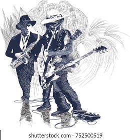 An hand drawn vector illustration. Poster of an musician. Guitar player, guitarist and Sax player, Guitarist in action - motion study of instrument. Jam Session on the Stage. Picture is editable.