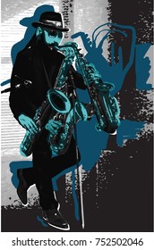 An hand drawn vector illustration. Poster of an Man playing the Sax. Music, Musician. Bearded Saxophone Player in Blue. A few snapshots of move a musical instrument. Evening mood. Picture is editable.
