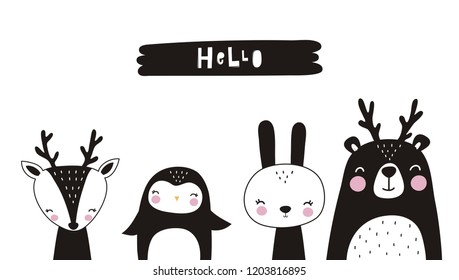 Hand drawn vector illustration for posters, cards, t-shirts. Monochrome deer, fox, bear, lion, bunny