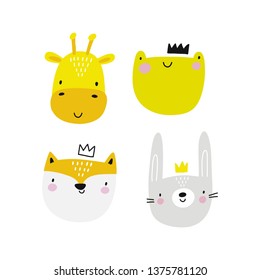 Hand drawn vector illustration for posters, cards, t-shirts. Cute bunny, fox, frog, giraffe