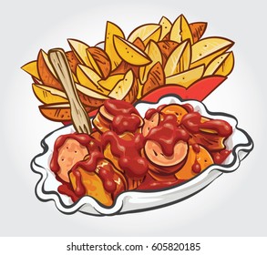 Hand drawn vector illustration of potato wedges and Curry wurst with sauce.