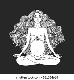 Hand drawn vector illustration of pregnant woman sitting in lotus pose yoga. Meditation
