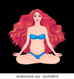 Hand drawn vector illustration of pregnant woman sitting in lotus pose yoga. Meditation