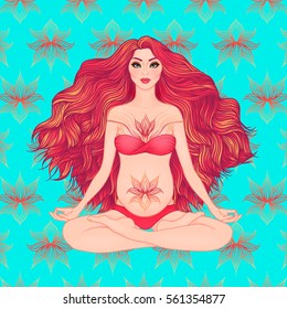 Hand drawn vector illustration of pregnant woman sitting in lotus pose yoga. Meditation