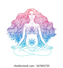 Hand drawn vector illustration of pregnant woman sitting in lotus pose yoga. Meditation