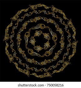 Hand drawn vector illustration. Premium golden mandala on black background. Space elements, abstract stars, planets, vessels, galaxy and more. Wave signs and symbols. Suitable for round frames