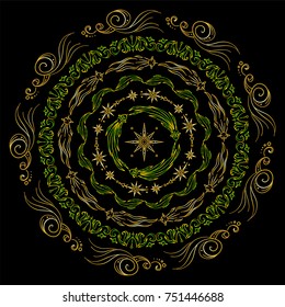 Hand drawn vector illustration. Premium golden mandala on black background. Space elements, abstract stars, planets, vessels, galaxy and more. Wave signs and symbols. Suitable for round frames