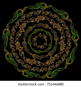 Hand drawn vector illustration. Premium golden mandala on black background. Space elements, abstract stars, planets, vessels, galaxy and more. Wave signs and symbols. Suitable for round frames