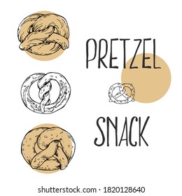 Hand drawn vector illustration of pretzel. Label lettering with space for text. Fast food menu, cafe decor