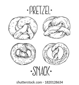 Hand drawn vector illustration of pretzels. Label lettering with space for text. Fast food menu, cafe decor