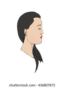 Hand drawn vector illustration "Profile portrait of an asian woman with red painted lips".