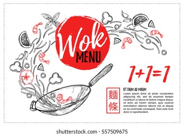 Hand drawn vector illustration - Promotional leaflet with Asian food. Wok. Perfect for restaurant brochure, cafe flyer, delivery menu. Ready-to-use design template with illustrations