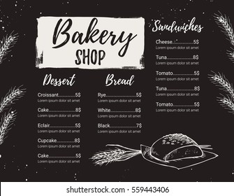 Hand drawn vector illustration - Promotional brochure of bakery. Perfect for restaurant leaflet, cafe flyer, delivery menu. Ready-to-use design template with illustrations in sketch style.