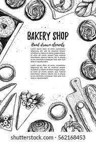 Hand drawn vector illustration. Promotional leaflet with pastries. Bakery shop. Perfect for restaurant brochure, cafe flyer, delivery menu. Ready-to-use design template with sketch illustrations