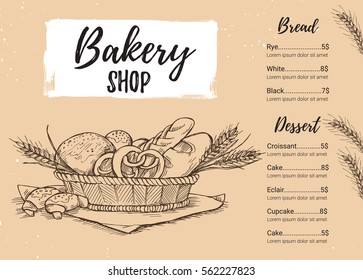 Hand drawn vector illustration - Promotional brochure of bakery. Perfect for restaurant leaflet, cafe flyer, delivery menu. Ready-to-use design template with illustrations in sketch style.