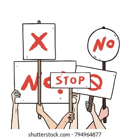 Hand drawn vector illustration of protester hand holding protest sign board set. Protest Sign frame with text on white background. 