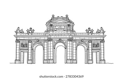 Hand drawn vector illustration of the Puerta de Alcalá monument in Madrid, Spain, shown in frontal view. Realistic architectural black line art in black and white with detailed sketch style and engraved appearance. Isolated monument illustration on white background.