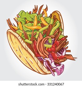 Hand Drawn Vector Illustration Of Pulled Pork Taco With Red Cabbage, Lettuce, Cheese And Salsa.