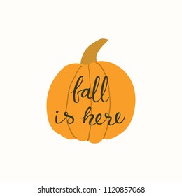 Hand drawn vector illustration of a pumpkin, with lettering quote Fall is here. Isolated objects on white background. Flat style design. Concept for gardening, autumn harvest.