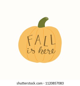 Hand drawn vector illustration of a pumpkin, with lettering quote Fall is here. Isolated objects on white background. Flat style design. Concept for gardening, autumn harvest.