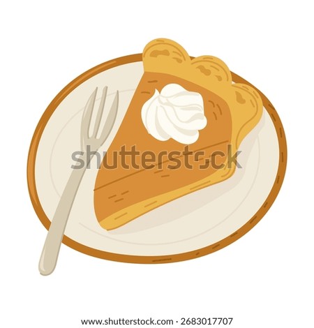 Hand drawn vector illustration of pumpkin pie slice with whipped cream on a plate and fork. Concept of traditional dessert, holiday treat and sweet comfort food
