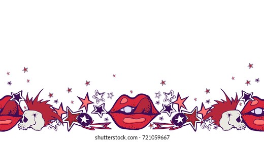 Hand drawn vector illustration. Punk rock theme. Red lips, stars. Seamless canvas.