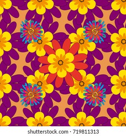 Hand drawn vector illustration in purple, yellow and orange colors. Abstract print with stylized random elements and flowers. Exotic seamless pattern in retro style.