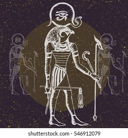 Hand drawn vector illustration of Ra, God of the Sun of ancient Egypt. Isolated on vintage background. Detailed drawing in line art graphic style. Tattoo sketch, textile print, brochure, card design.