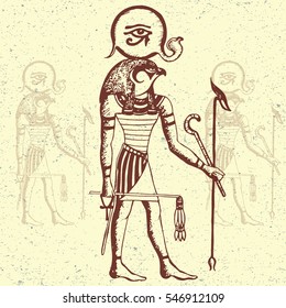 Hand drawn vector illustration of Ra, God of the Sun of ancient Egypt. Isolated on vintage background. Detailed drawing in line art graphic style. Tattoo sketch, textile print, brochure, card design.