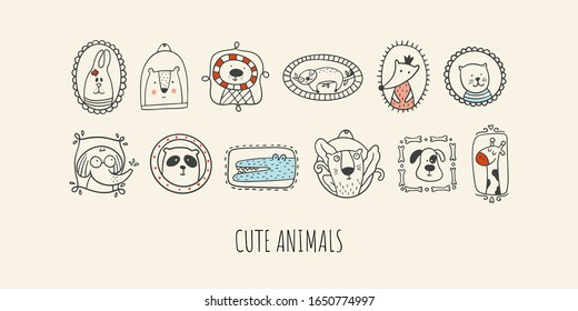 Hand drawn vector illustration with rabbit, bear, sloth, giraffe, fox, crocodile, panda, tiger, cat, dog, elephant in different photo frames. Cute collection with animals.